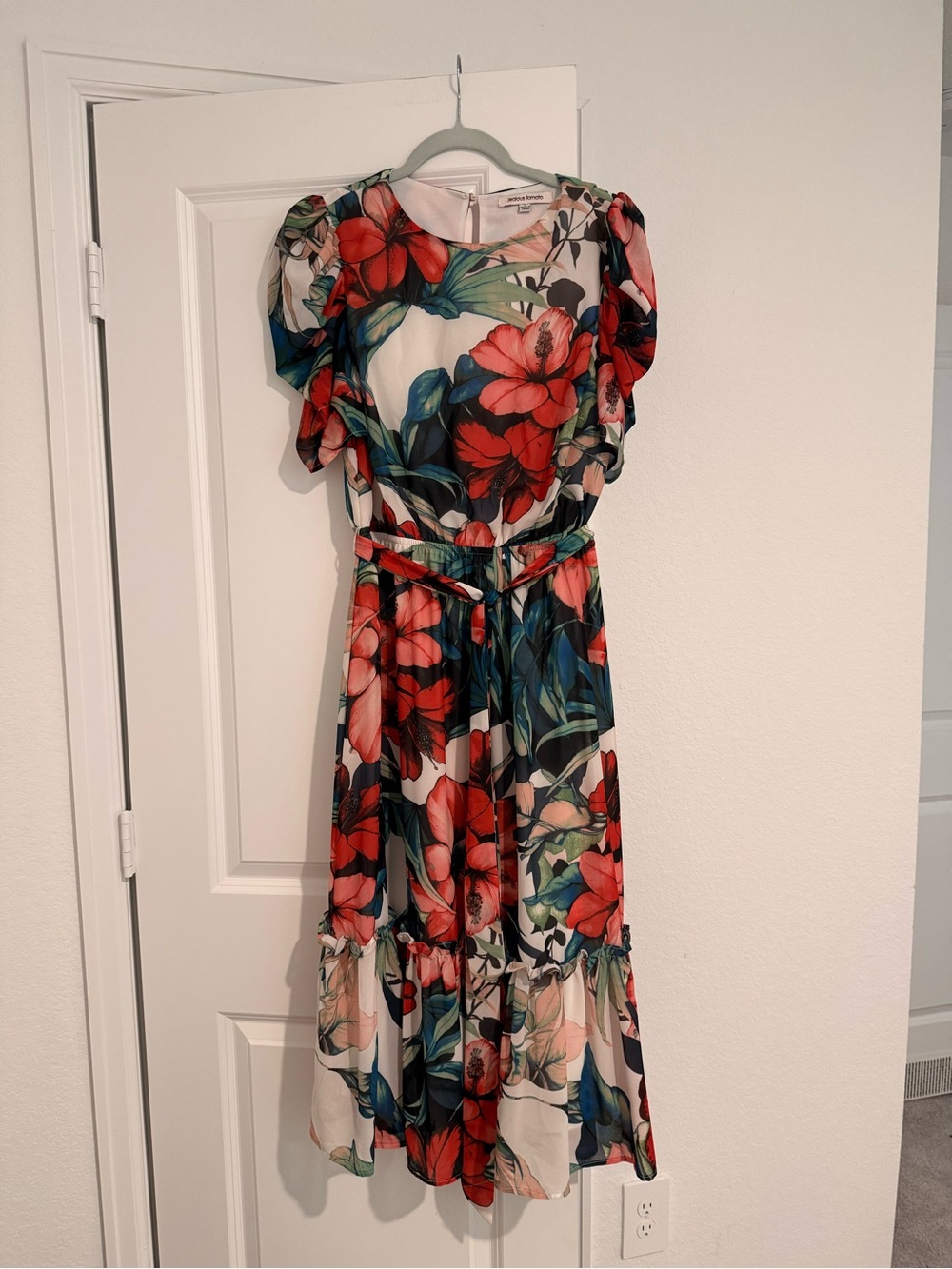 Jealous Tomato Red Floral Midi Dress with Green Leaves